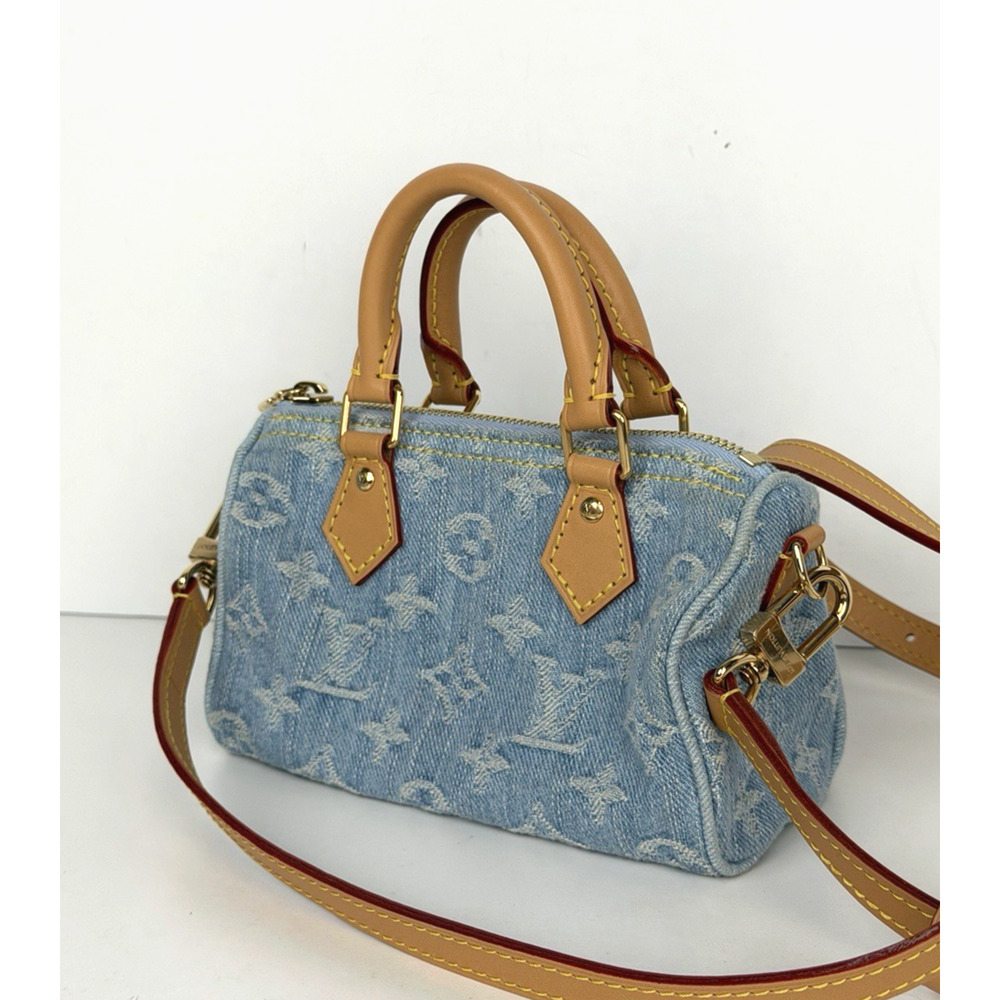 Louis Vuitton Nano Speedy Handbag in Monogram Sky Blue Denim Canvas NFC E4